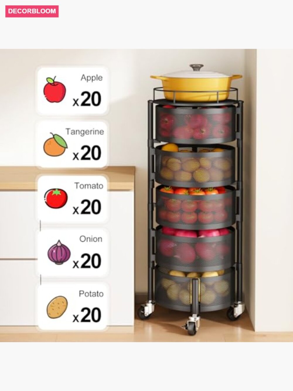 5-Tier Rotating Fruit Basket Storage Cart on Wheels with Lid - Picture 4 of 7